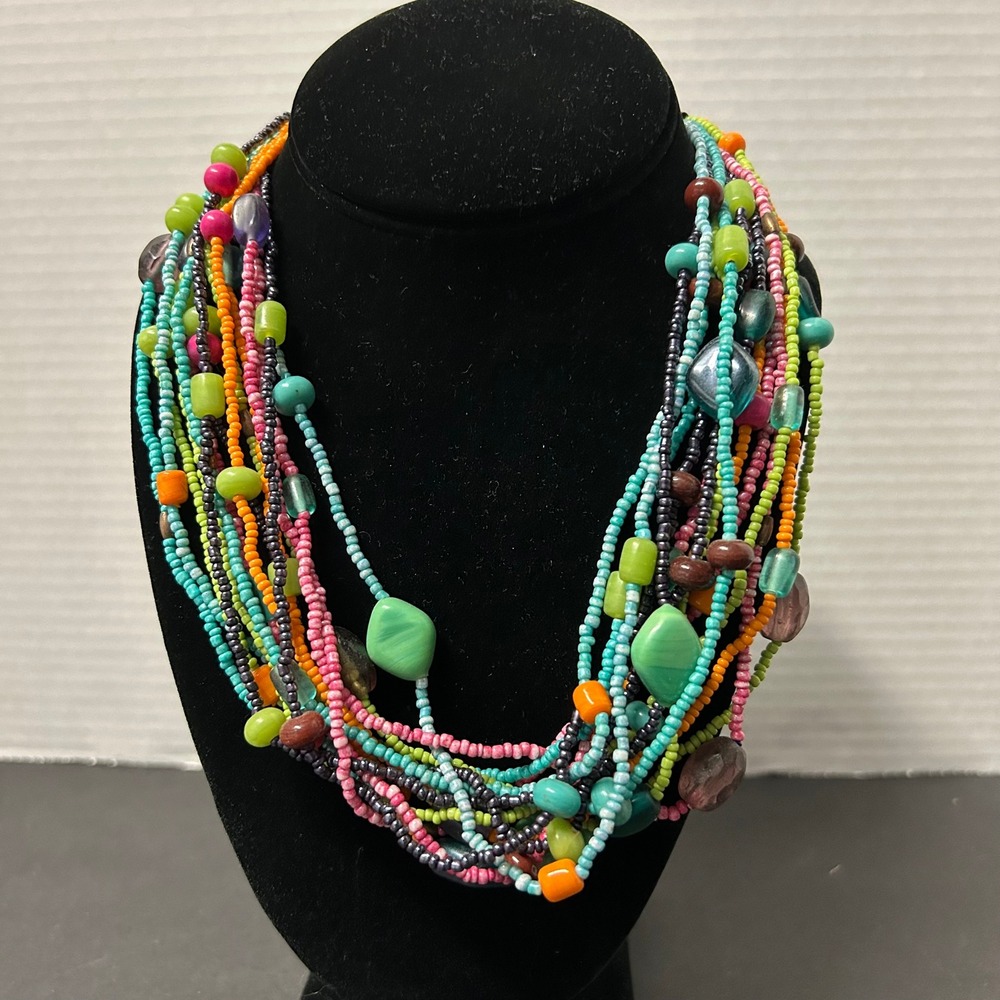 Handcrafted Multi Strand Necklace Multicolor Boho Seed Bead Layered